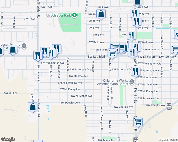 map of restaurants, bars, coffee shops, grocery stores, and more near 1625 Southwest Monroe Avenue in Lawton