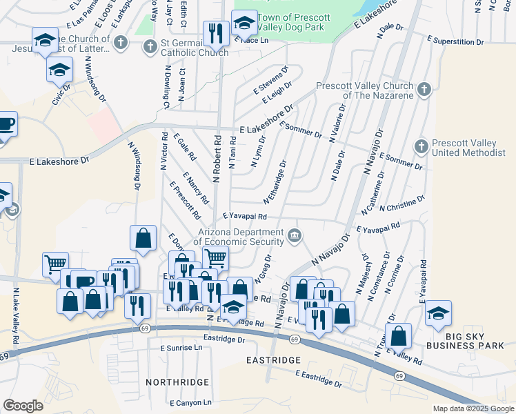 map of restaurants, bars, coffee shops, grocery stores, and more near 3451 North Etheridge Drive in Prescott Valley