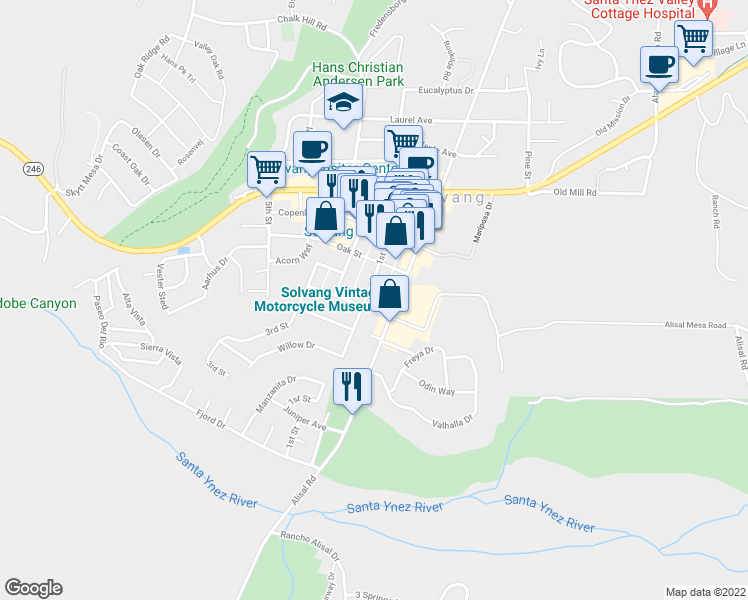 map of restaurants, bars, coffee shops, grocery stores, and more near 322 1st Street in Solvang