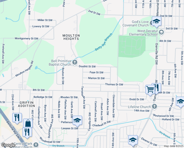 map of restaurants, bars, coffee shops, grocery stores, and more near 1605 Marion Street Southwest in Decatur