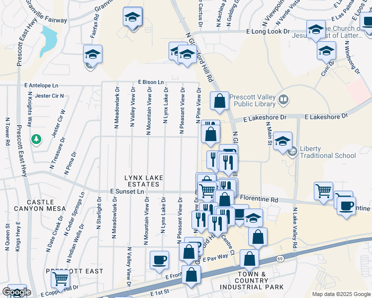 map of restaurants, bars, coffee shops, grocery stores, and more near 3376 North Pleasant View Drive in Prescott Valley