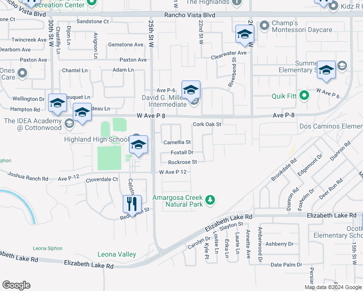 map of restaurants, bars, coffee shops, grocery stores, and more near 2306 Camellia Street in Palmdale