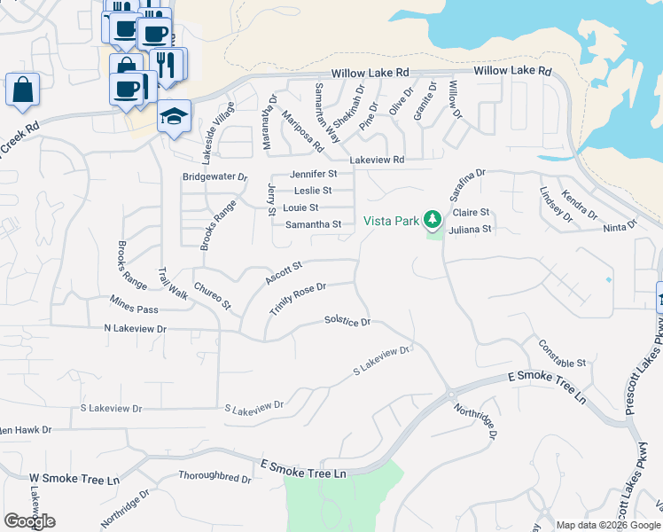 map of restaurants, bars, coffee shops, grocery stores, and more near 1749 Trinity Rose Drive in Prescott