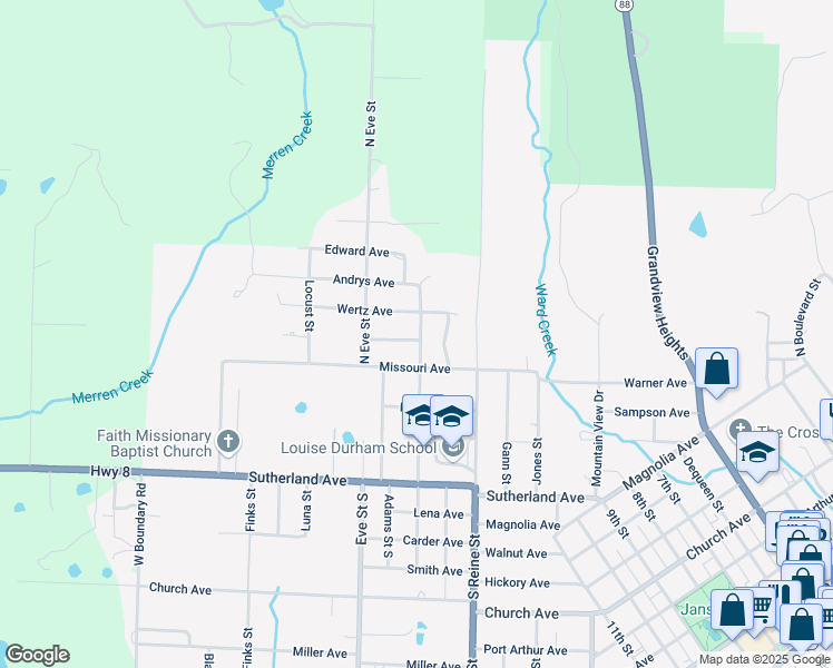 map of restaurants, bars, coffee shops, grocery stores, and more near 1705 Missouri Avenue in Mena