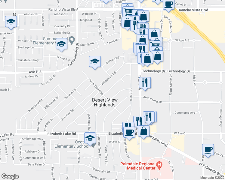 map of restaurants, bars, coffee shops, grocery stores, and more near 39042 Ocotillo Drive in Palmdale