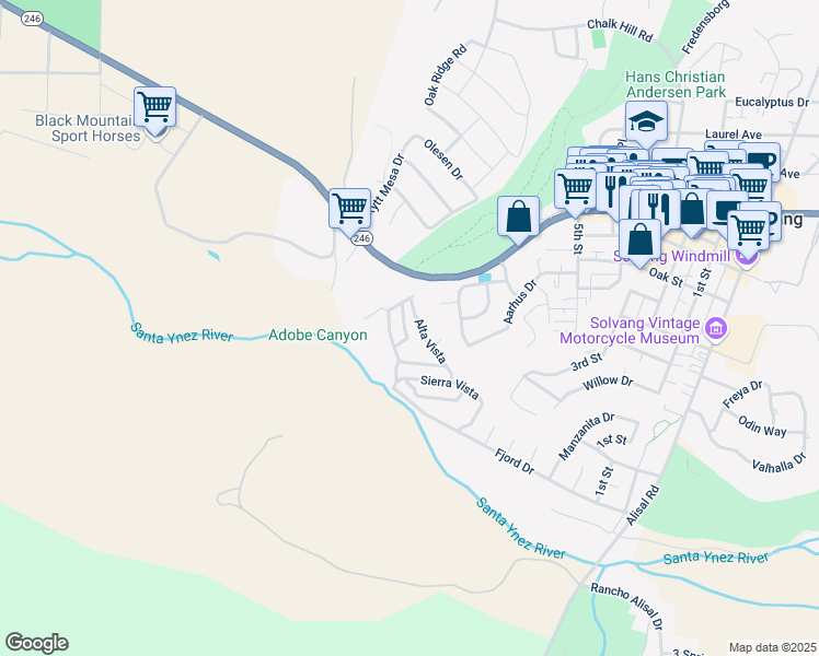 map of restaurants, bars, coffee shops, grocery stores, and more near 37 Alta Vista in Solvang