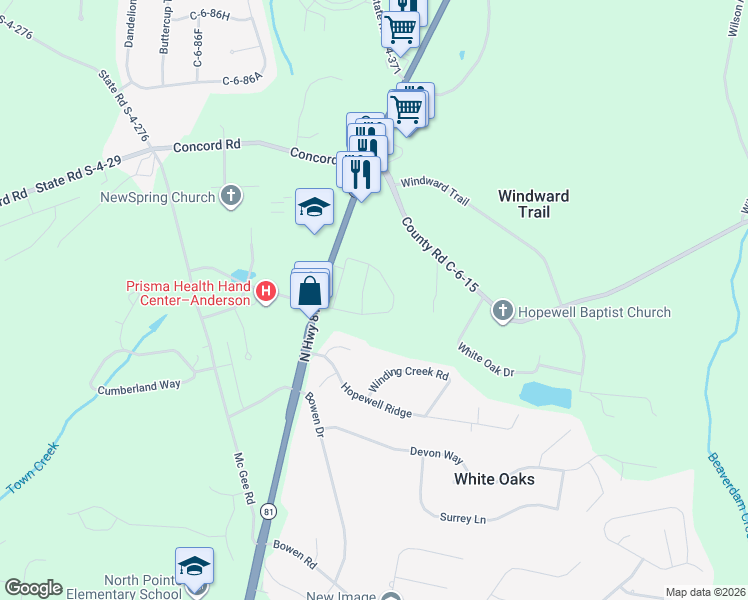 map of restaurants, bars, coffee shops, grocery stores, and more near 3550 South Carolina 81 in Anderson