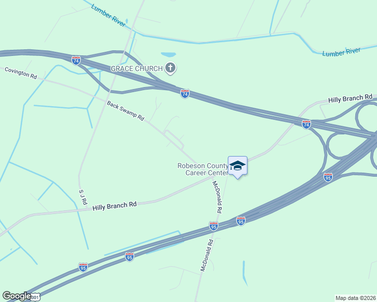 map of restaurants, bars, coffee shops, grocery stores, and more near 1755 Back Swamp Road in Lumberton