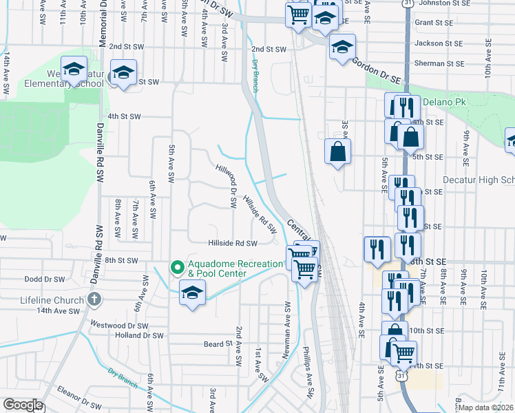 map of restaurants, bars, coffee shops, grocery stores, and more near 106 Hillside Road Southwest in Decatur