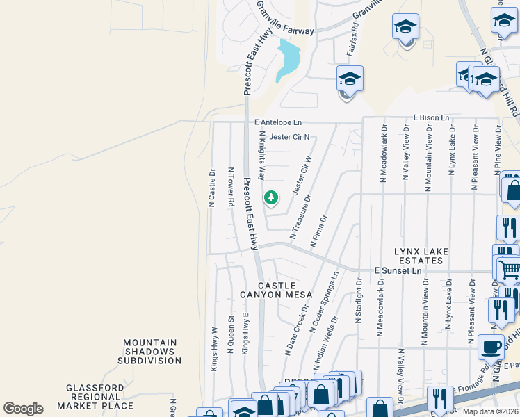 map of restaurants, bars, coffee shops, grocery stores, and more near 3455 North Prescott East Highway in Prescott Valley