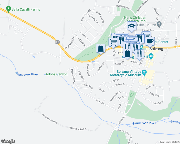 map of restaurants, bars, coffee shops, grocery stores, and more near 1394 Vester Hof in Solvang