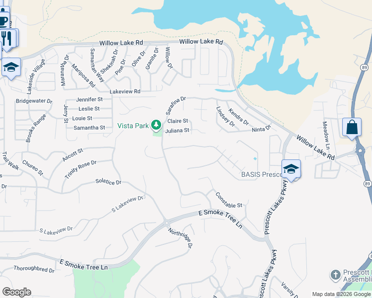 map of restaurants, bars, coffee shops, grocery stores, and more near 1380 Kwana Court in Prescott