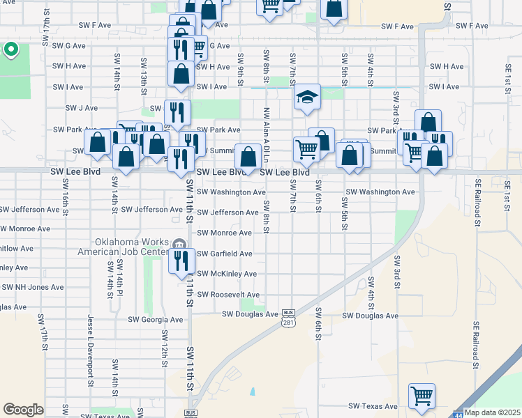 map of restaurants, bars, coffee shops, grocery stores, and more near 716 Southwest Washington Avenue in Lawton
