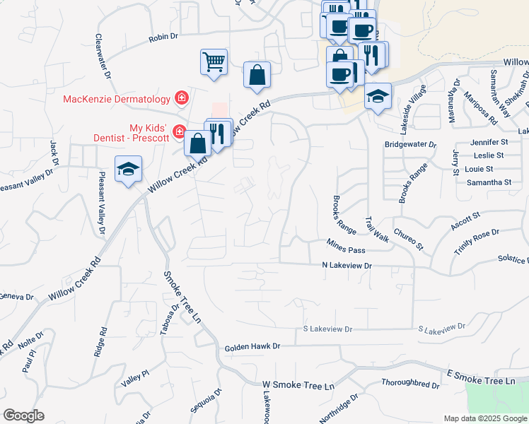 map of restaurants, bars, coffee shops, grocery stores, and more near 3129 Tablelands Court in Prescott