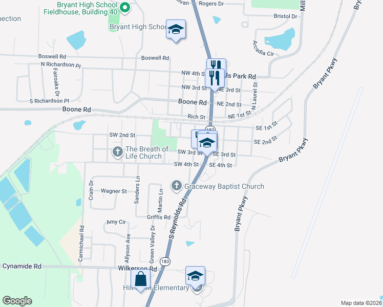 map of restaurants, bars, coffee shops, grocery stores, and more near 208 Southwest 3rd Street in Bryant
