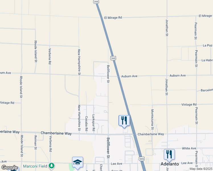 map of restaurants, bars, coffee shops, grocery stores, and more near 18824 Bellflower Street in Adelanto
