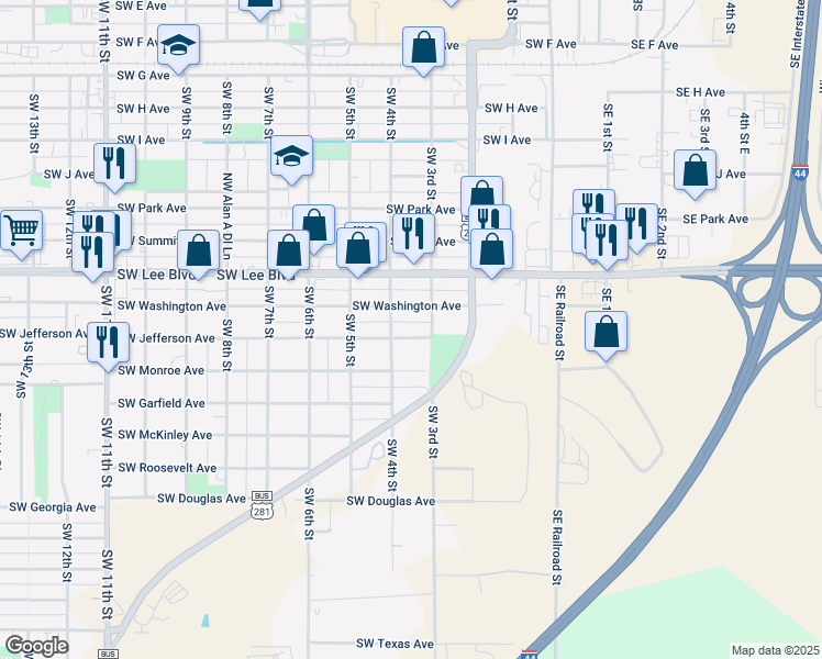 map of restaurants, bars, coffee shops, grocery stores, and more near 304 Southwest Washington Avenue in Lawton