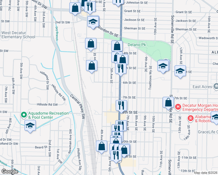 map of restaurants, bars, coffee shops, grocery stores, and more near 411 6th Street Southeast in Decatur