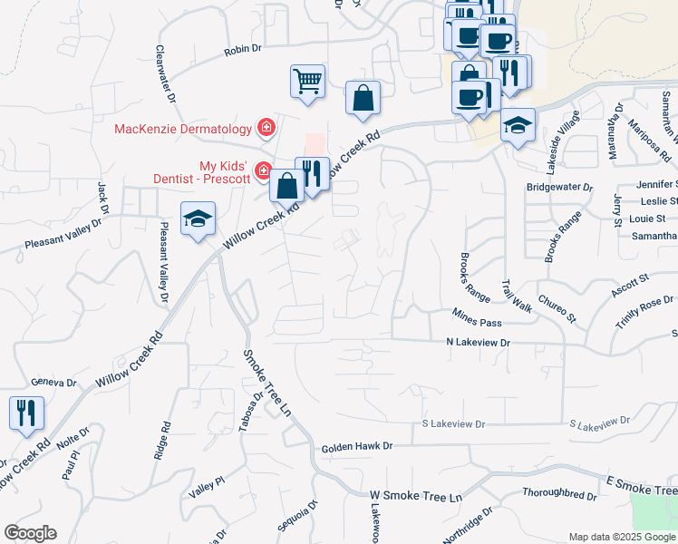 map of restaurants, bars, coffee shops, grocery stores, and more near 3160 Cascades Court in Prescott