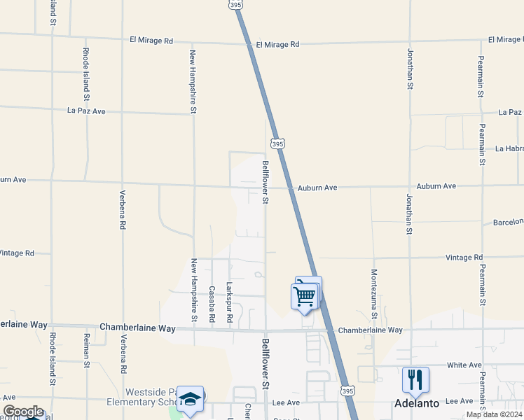 map of restaurants, bars, coffee shops, grocery stores, and more near 18824 Bellflower Street in Adelanto