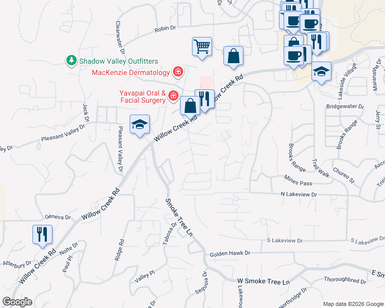 map of restaurants, bars, coffee shops, grocery stores, and more near College Heights Road in Prescott
