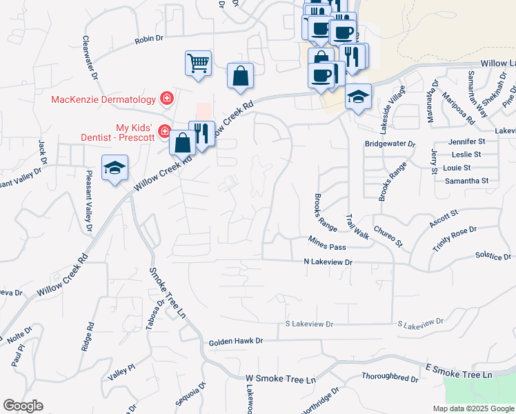 map of restaurants, bars, coffee shops, grocery stores, and more near 3129 Tablelands Court in Prescott