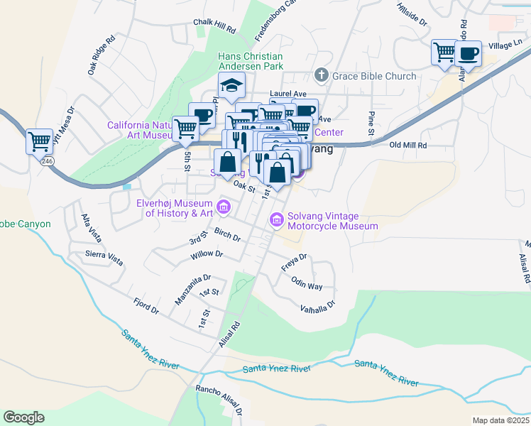 map of restaurants, bars, coffee shops, grocery stores, and more near 367 1st Street in Solvang