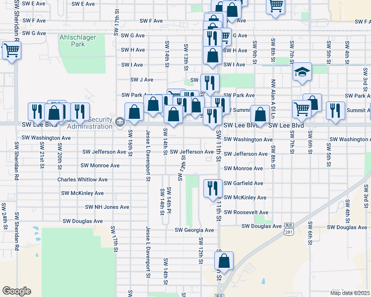 map of restaurants, bars, coffee shops, grocery stores, and more near 1400-1498 Southwest 13th Street in Lawton