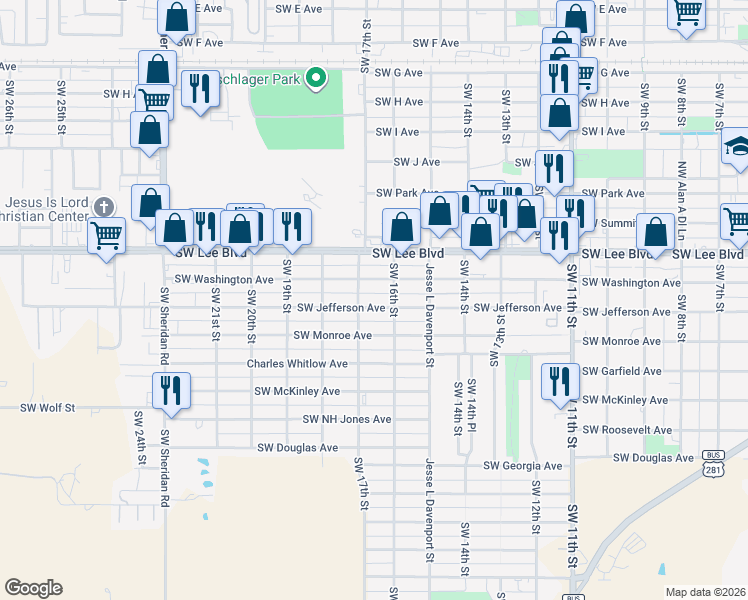 map of restaurants, bars, coffee shops, grocery stores, and more near 1626 Southwest Washington Avenue in Lawton