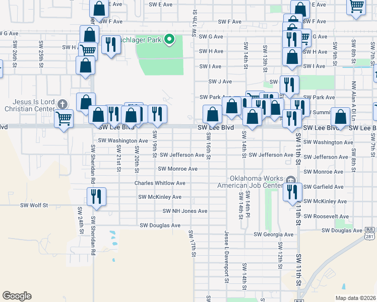 map of restaurants, bars, coffee shops, grocery stores, and more near 1626 Southwest Washington Avenue in Lawton