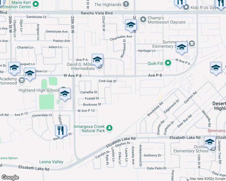 map of restaurants, bars, coffee shops, grocery stores, and more near 39102 Mondell Pine Avenue in Palmdale