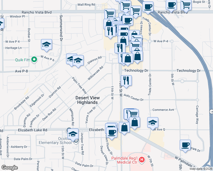 map of restaurants, bars, coffee shops, grocery stores, and more near 39047 Juniper Tree Road in Palmdale
