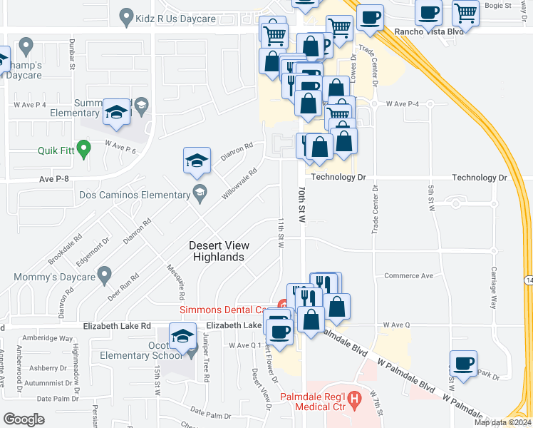 map of restaurants, bars, coffee shops, grocery stores, and more near 39117 11th Street West in Palmdale