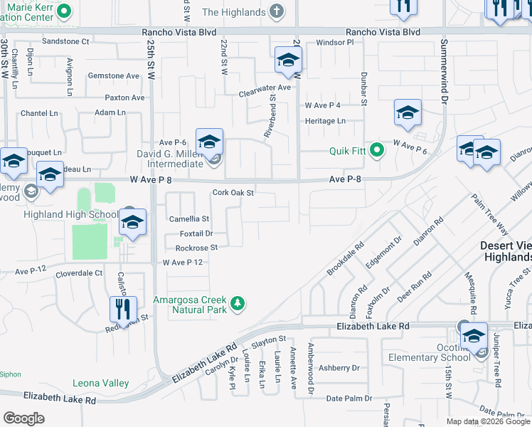 map of restaurants, bars, coffee shops, grocery stores, and more near 2050 Helconia Ct in Palmdale