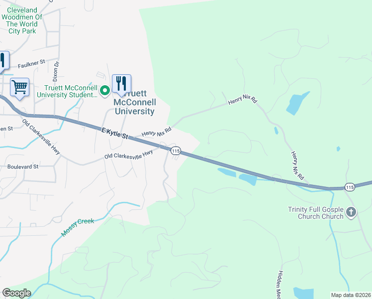 map of restaurants, bars, coffee shops, grocery stores, and more near Highway 115 East in Cleveland