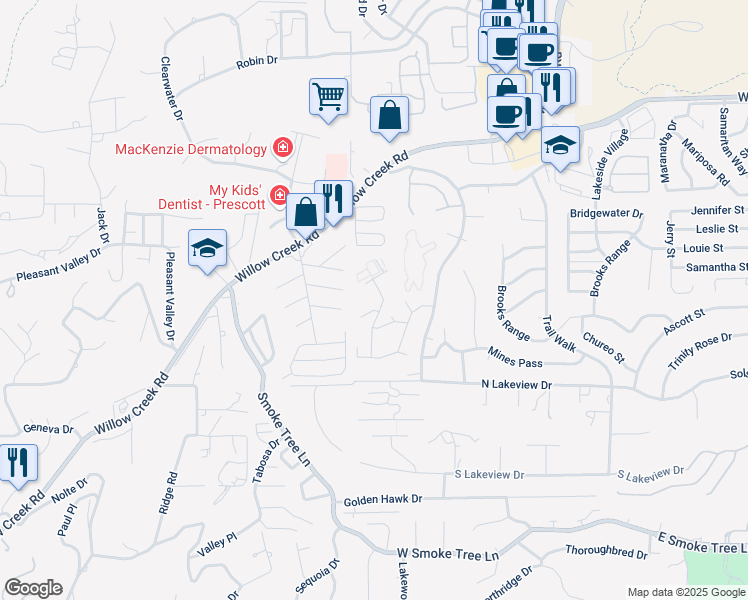 map of restaurants, bars, coffee shops, grocery stores, and more near 3080 Cascades Court in Prescott