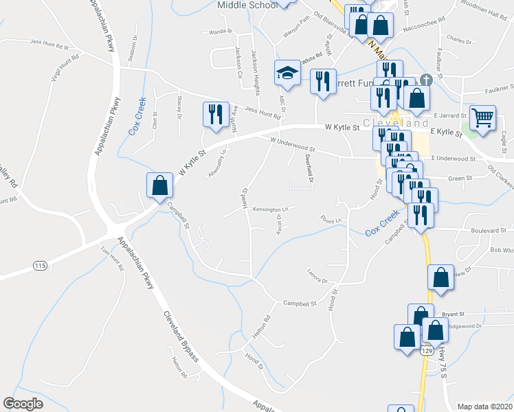 map of restaurants, bars, coffee shops, grocery stores, and more near 47 Kensington Lane in Cleveland