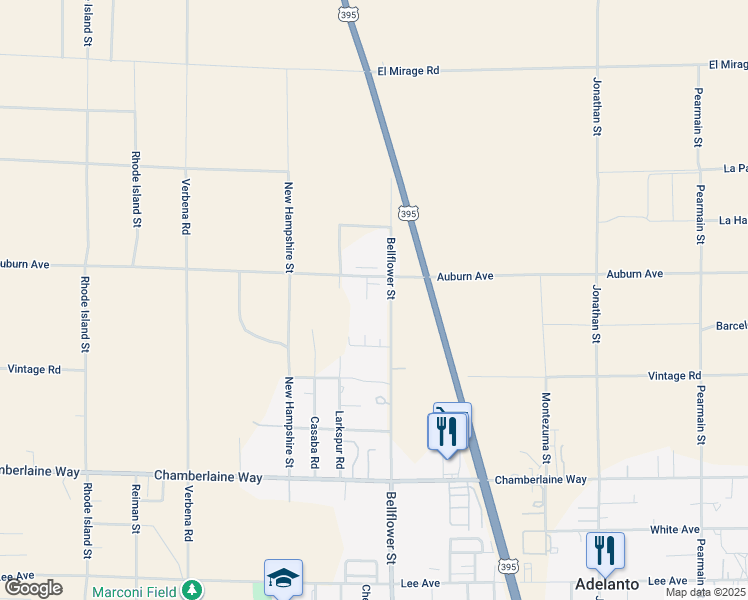 map of restaurants, bars, coffee shops, grocery stores, and more near 92344 Bellflower Street in Adelanto