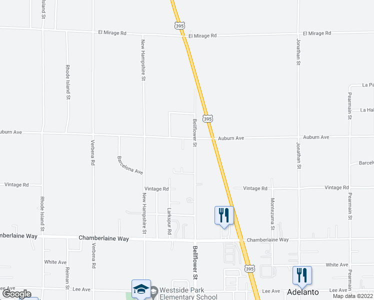 map of restaurants, bars, coffee shops, grocery stores, and more near 18845 Del Mano Court in Adelanto