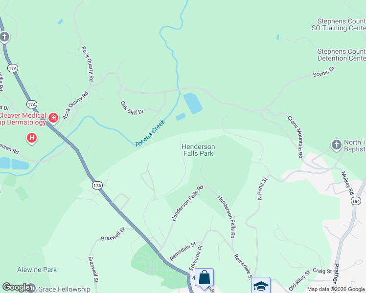 map of restaurants, bars, coffee shops, grocery stores, and more near Henderson Falls Road in Toccoa