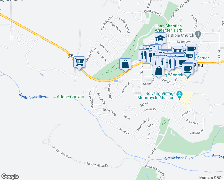 map of restaurants, bars, coffee shops, grocery stores, and more near 397 Midten Hof in Solvang