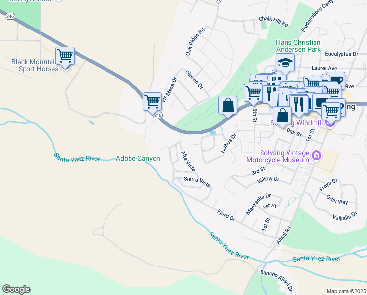 map of restaurants, bars, coffee shops, grocery stores, and more near 37 Alta Vista in Solvang