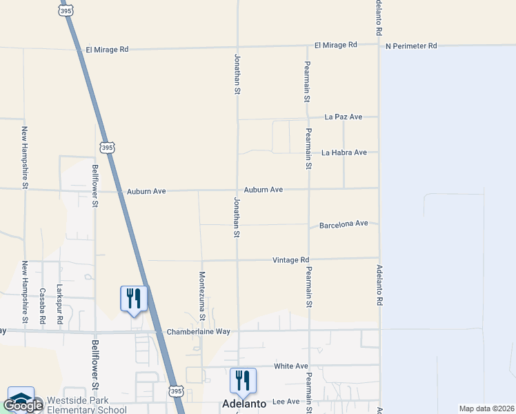 map of restaurants, bars, coffee shops, grocery stores, and more near 11769 Auburn Avenue in Adelanto
