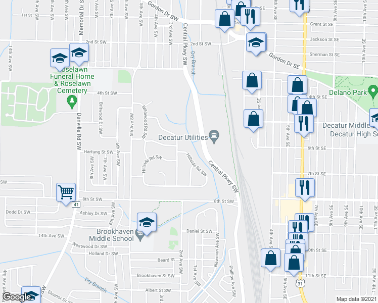 map of restaurants, bars, coffee shops, grocery stores, and more near 106 Hillside Road Southwest in Decatur