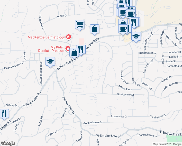 map of restaurants, bars, coffee shops, grocery stores, and more near 3160 Cascades Court in Prescott