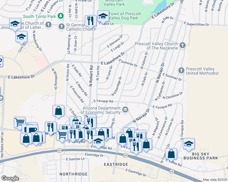 map of restaurants, bars, coffee shops, grocery stores, and more near 3468 North Etheridge Drive in Prescott Valley