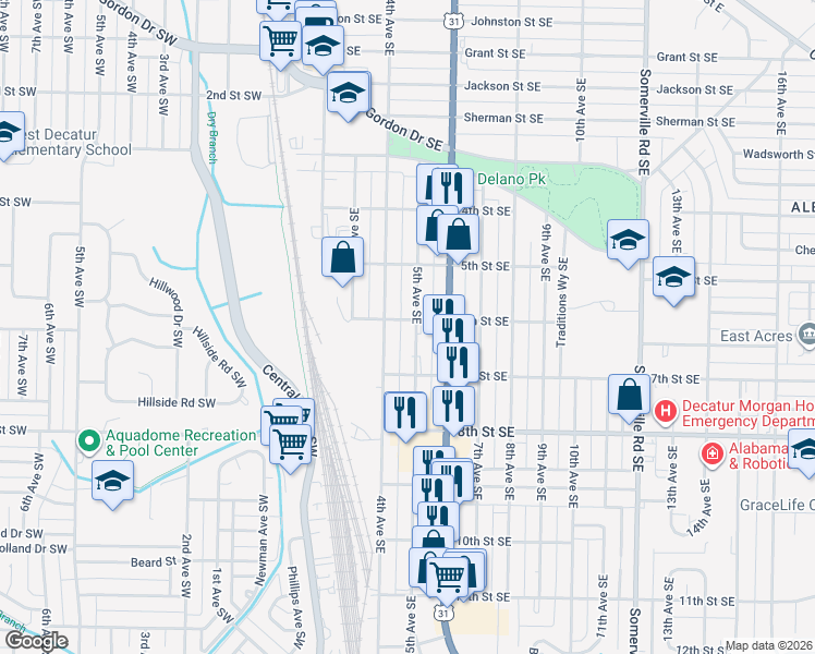 map of restaurants, bars, coffee shops, grocery stores, and more near 411 6th Street Southeast in Decatur