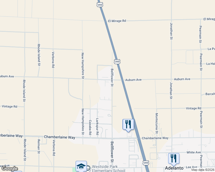 map of restaurants, bars, coffee shops, grocery stores, and more near 18845 Del Mano Court in Adelanto