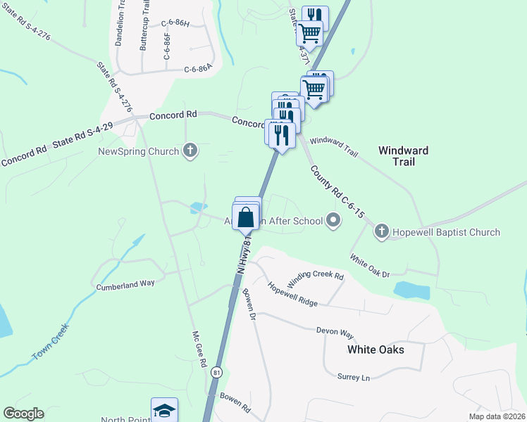 map of restaurants, bars, coffee shops, grocery stores, and more near 3613-3649 Highway 81 in Anderson