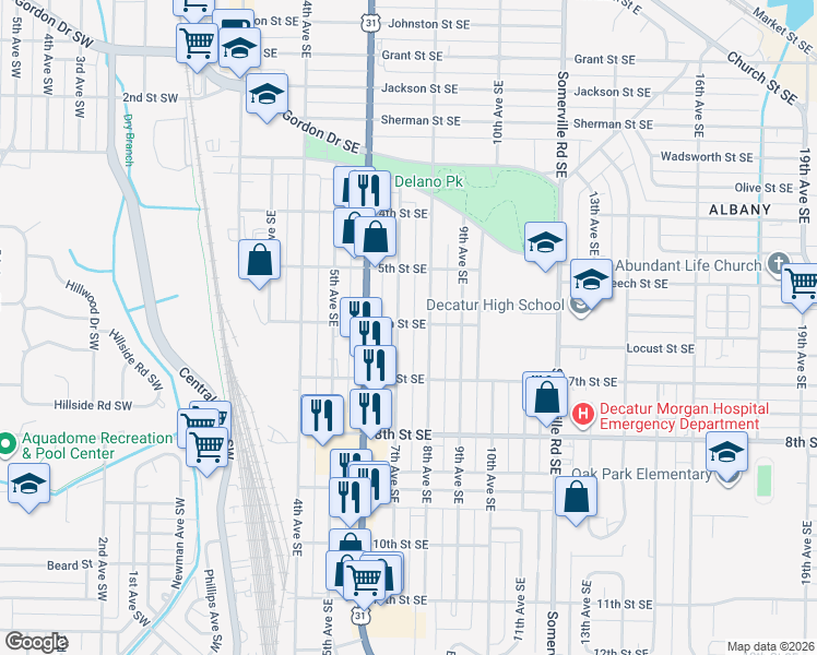map of restaurants, bars, coffee shops, grocery stores, and more near 925 7th Avenue Southeast in Decatur